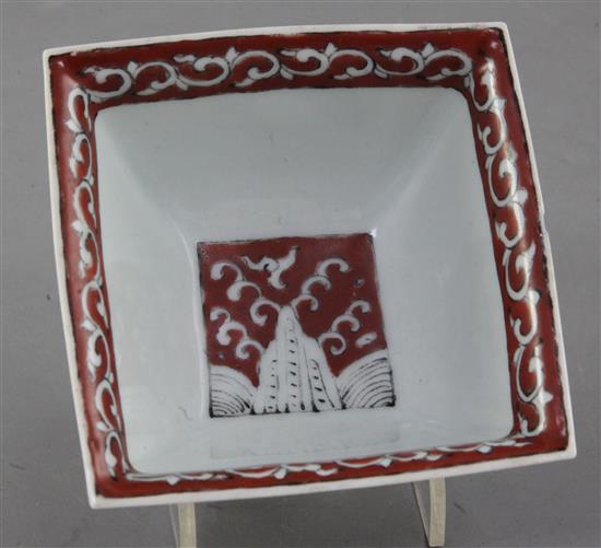 A Chinese iron-red and black enamelled dragon square bowl, Jiajing mark and perhaps of the period, width 10.6cm